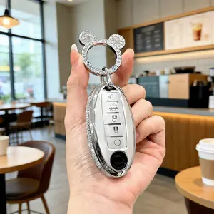 Key Fob Cover with Diamond Keychain for Nissan Car Key Shell Compatible with Altima Rogue Sentra Pathfinder Frontier Maxima Titan Murano Kicks Juke Versa (5 Buttons-Pink Heart)