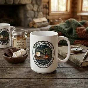[Sale off up to 50%] Happy Camper Mug, Campfire Smores Coffee Cup, Camping Gifts for Men and Women, RV Camper Decor, Outdoor Lover Gift, Mountain Coffee Mug, 11oz & 15oz ceramic mug