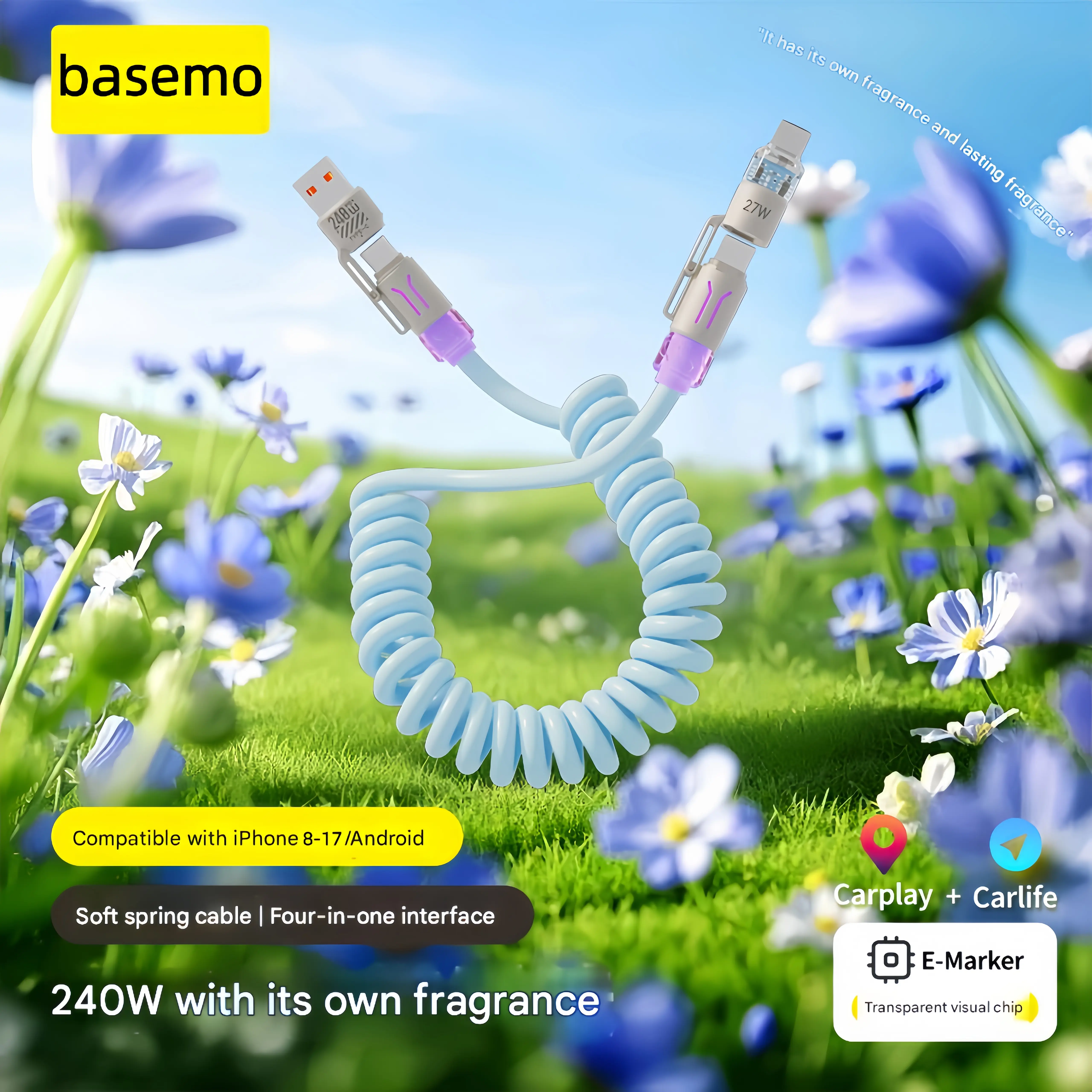 basemo 2026 Upgraded 240W Fast Charging Cable with RGB Light & Fragrance 4-in-1 Telescopic Spring Design 2m Length for iPhone Samsung Motorola CarHomeOffice Smartphone Cellphone Retractable Fast Charger Retractable Cord