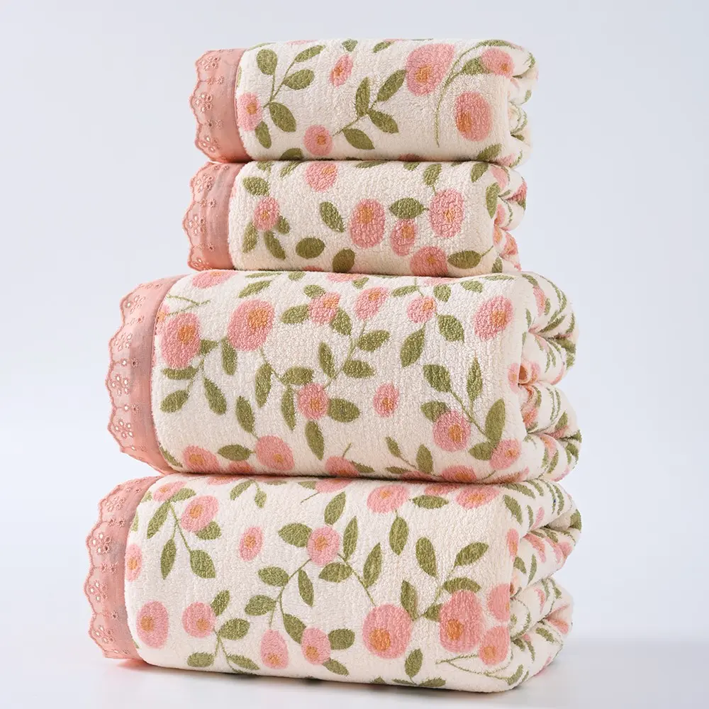 Floral Lace Towel Set, Ultra Soft and Quick Dry Towels for Face Body and Hair Care, Includes 2 Bath Towels and 2 Hand Towels for Home Travel and Beach