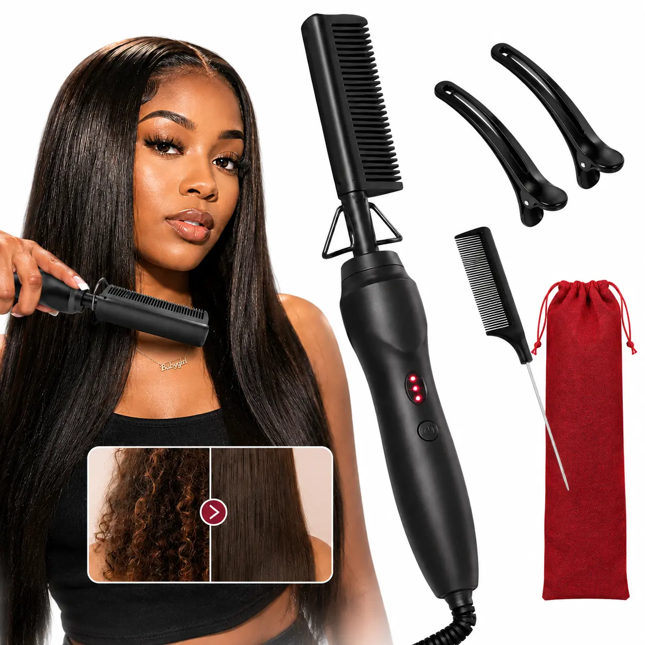 Electric Hot Pressing Straightener Comb with Rat Tail Design - Adjustable for Curly-Coily Black Hair, Smooth Straightening Curly Hair Home Salon Styling Tool