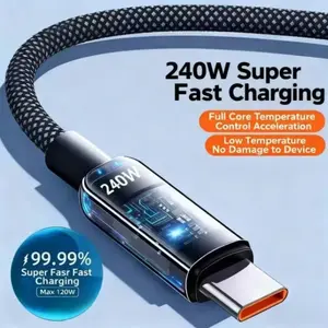 240w Super Fast Charging Cable with LED Indicator, USB-C to Type-C Textile Line, Efficient Energy Saving, Durable for Apple Huawei Xiaomi Samsung Devices