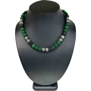 Iced Bling Disco Ball Rhinestone Crystal Bead Baseball Necklace Green Black Silver