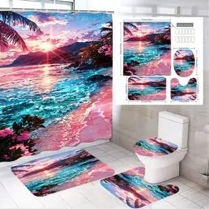 4pcs Tropical Sunset Beach Theme Bathroom Set, Vibrant Shower Curtain & Cozy Bath Mat, Matching Toilet Seat Cover, The floor mat fabric is thicker and softer! Ideal for Summer Decor, Bathroom Decoration Accessories