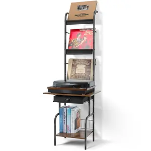 Record Player Stand with Vinyl Storage - Ample Record Display,Metal Record Player Holder,Versatile Vinyl Record Storage & Display Shelf,Record Player Cabinet Organizer Rack,Space-Saving Design(Black)