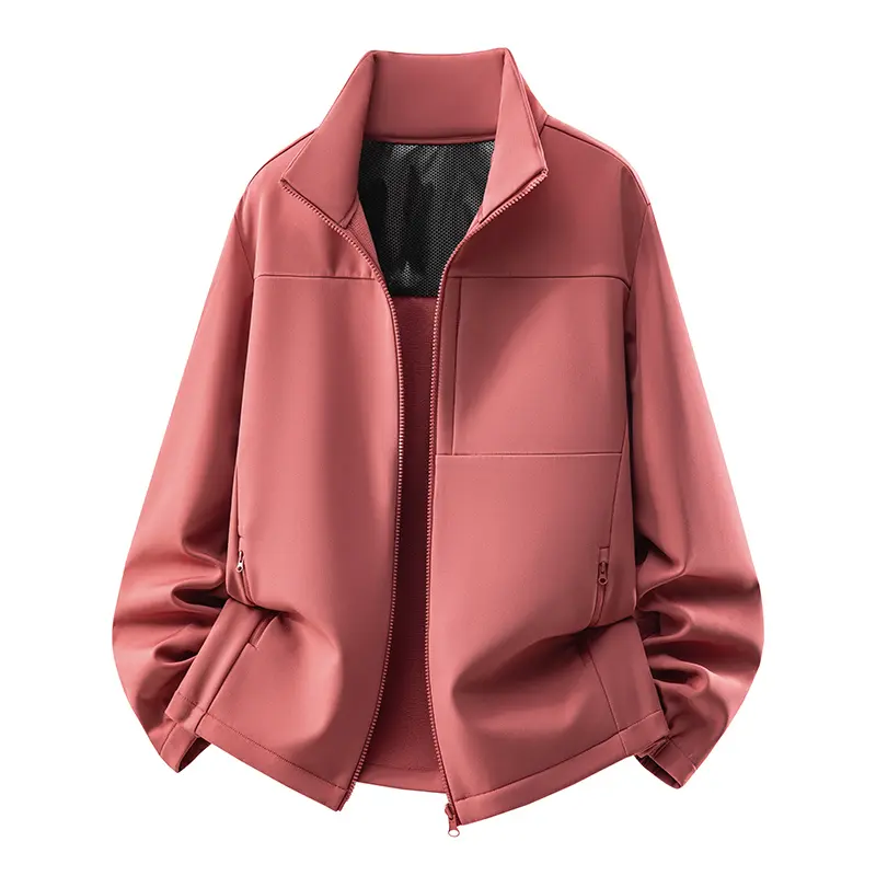 Women’s outdoor softshell jacket, windproof and waterproof, made from a composite fleece fabric; stand collar, long sleeves, loose drop-shoulder fit; minimalist solid color with contrast topstitching; short length, casual functional style; suitable for cl