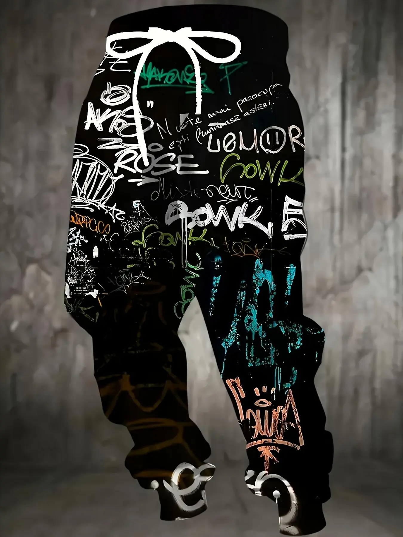 Men's 3D Graffiti Print Casual Polyester Sweatpants with Drawstring Waist & Pockets Slight Stretch Knit Fabric Full Print Regular Fit Jogging Bottoms Printed Leggings Set