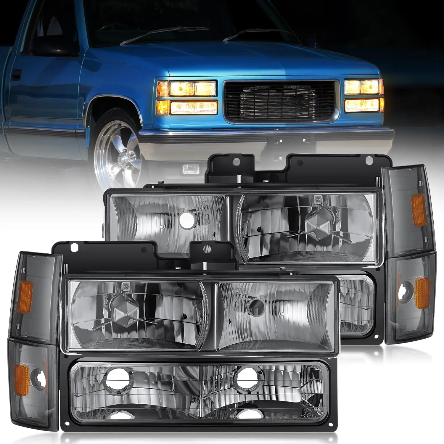 Nilight Headlight Assembly Compatible with 1988 1989 1990 1991 1992 1993 Chevrolet GMC C/K 1988-1993 Silverado Suburban Sierra Blazer Tahoe Yukon Smoke Housing Amber Reflector, Truck Stuff Silverado