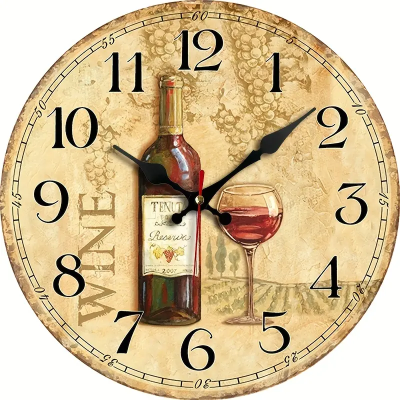 Elegant Vintage Wine-Themed Silent Wall Clock - Rustic Decorative Timepiece with Wooden Frame, Non-Ticking for Home, Living Room, Bedroom, Office - AA Battery Operated (Battery Not Included), Clock for Living Room