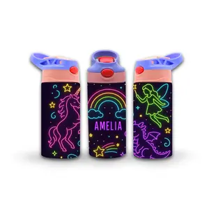 Kids Tumbler/Sippy Cup | Personalized Kids Neon Fairies Tumbler | Custom Name Water Bottle with Magical Fairies Design | Fun Gift for Boys & Girls, School, Sports, Everyday Use