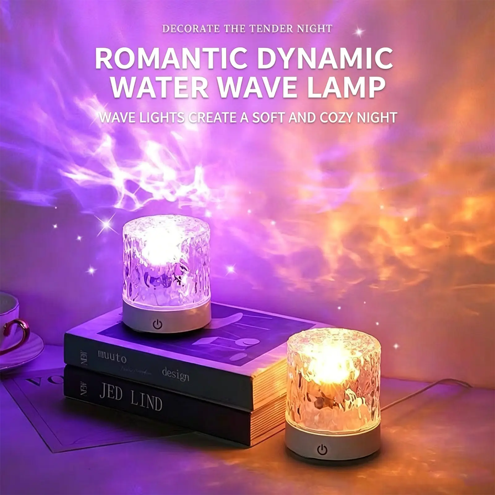Dynamic Water Ripple Projector Night Light, Romantic LED Atmosphere Lamp for Bedroom, Dimmable Color Changing Bedside Lamp, Soft Sleep Light for Couple Date Night Home Decor