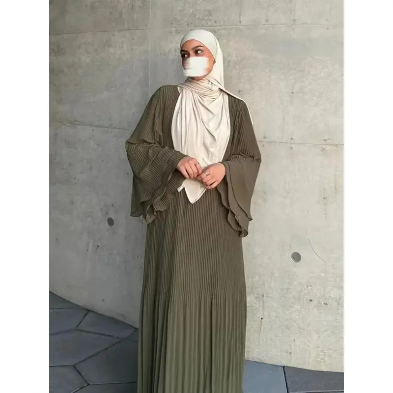 Casual Eid Muslim Dress for Women Pleated Flare Sleeve Islam Vestidos Arab Long Robe Ramadan Morocco Dubai Clothes Chic, Hot Trend, Stylish, Style Essential, Cozy Style, Meeting Ready, Weekend Wear, Commute Style