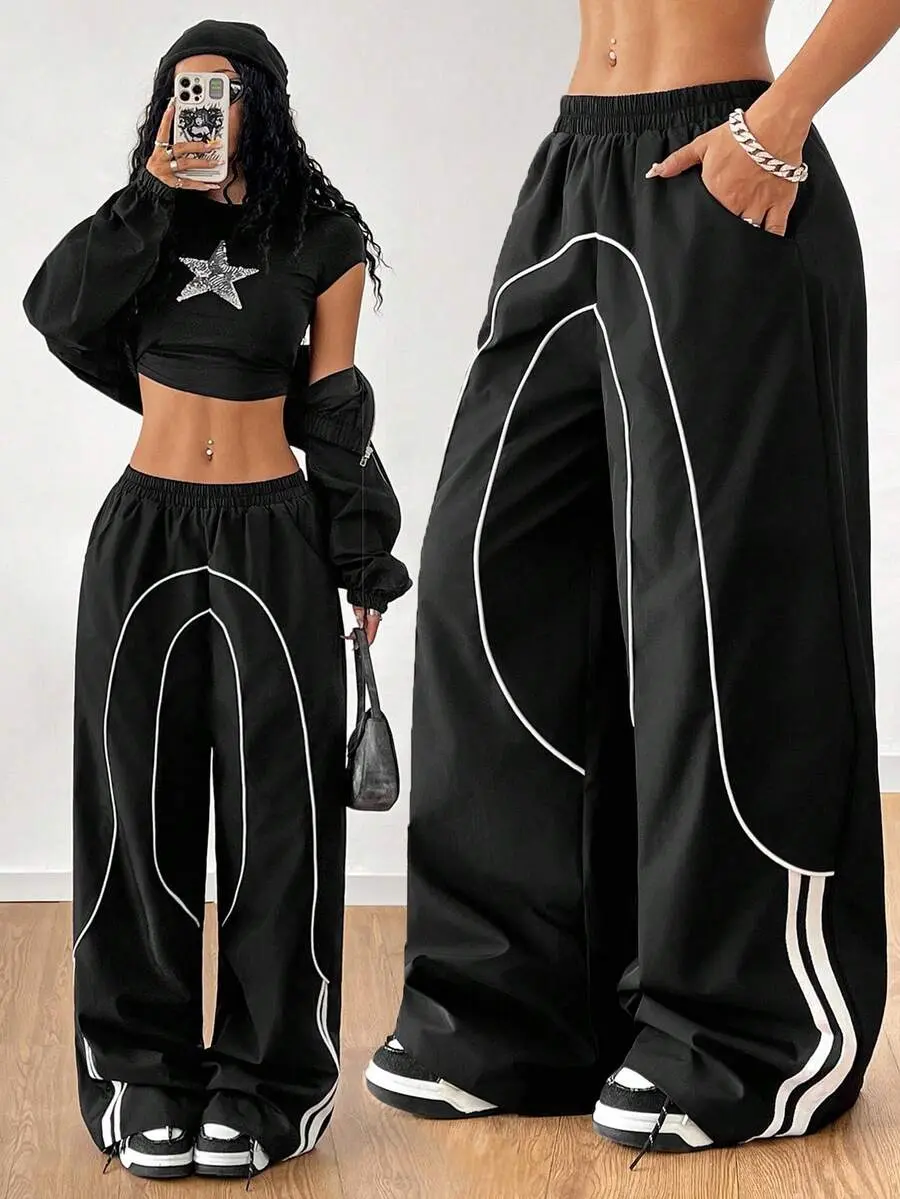 LUNA LAYER Girls Back To School Athleisure Woven Tape Black Wide Leg Sweatpants Joggers