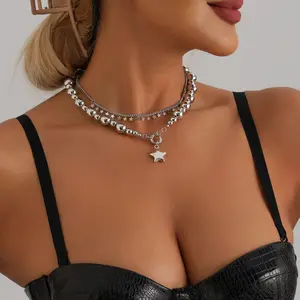 Pentagram Star Pendant Necklace & Bracelet Set |   Metal Texture |   Detachable Layered Jewelry for Women