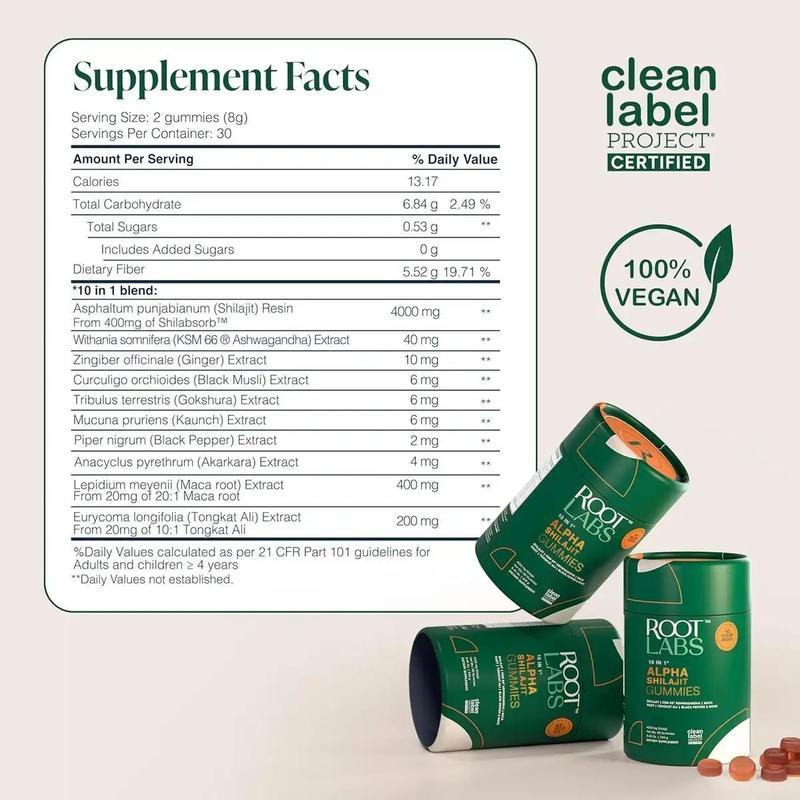 Root Labs Alpha 10-in-1 Shilajit Gummies 4000 mg| Holiday Gift-Ready| Energy, Stamina & Focus| Zero Sugar| KSM-66 Ashwagandha, Tongkat Ali, Maca| Vegan| 60 Count