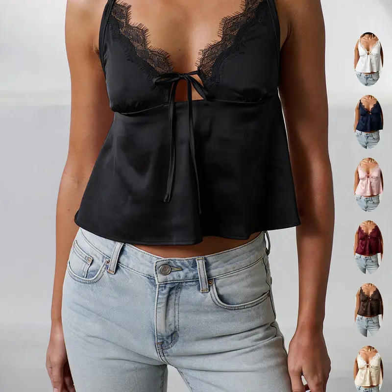 Cross-Border Summer Bestseller Statement French Satin Lace Trim Fabric V-Neck Sleeveless Halter Strap Tie Backless Fit Cropped Top, Ruffle Edge Ruffled Short Outerwear Womenswear Women's Shirt