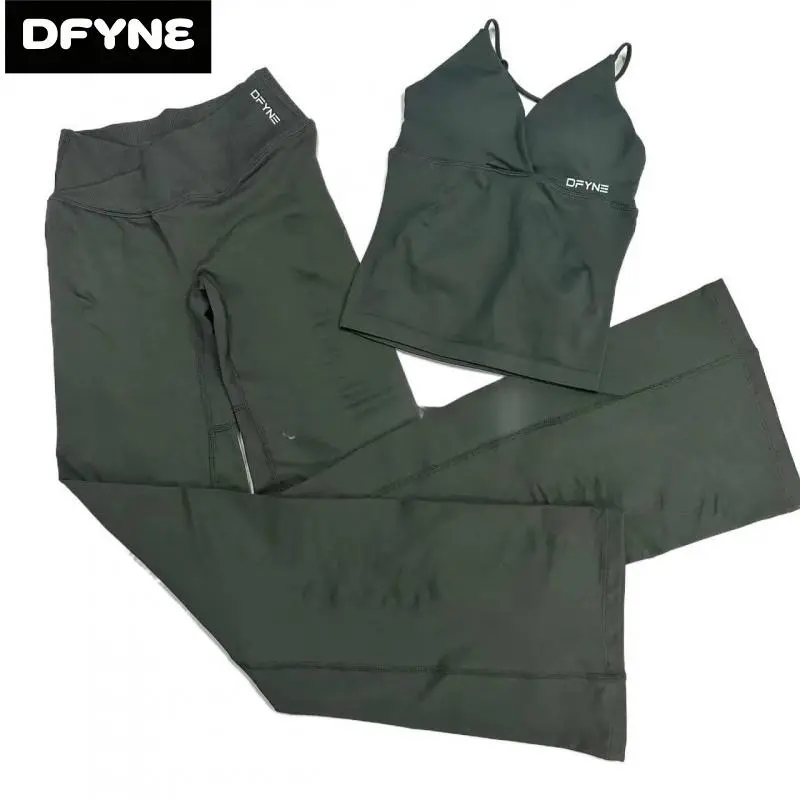 DFYNE Women's Seamless Workout Set | Strappy V Neck Tank Top + Bootleg Flared Leggings 2pc Set | Athletic Yoga Gym Matching Outfits