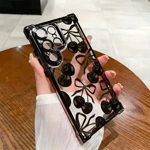 Fashionable Black Cherry Pattern Phone Case Compatible with Samsung Galaxy S25 S24 S23 S22 S21 FE Ultra Plus 4G 5G, Transparent Soft Back Cover for Drop Protection.