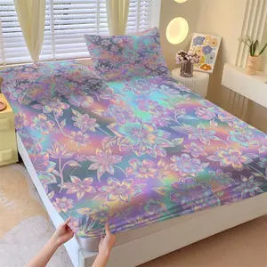 Iridescent & Pixel &Elegant Vintage Floral Fitted Sheet Set (2 Pillowcases), Ultra-Soft Fabric, Perfect for Cozy Home Decor, Comfortable Gift for Family