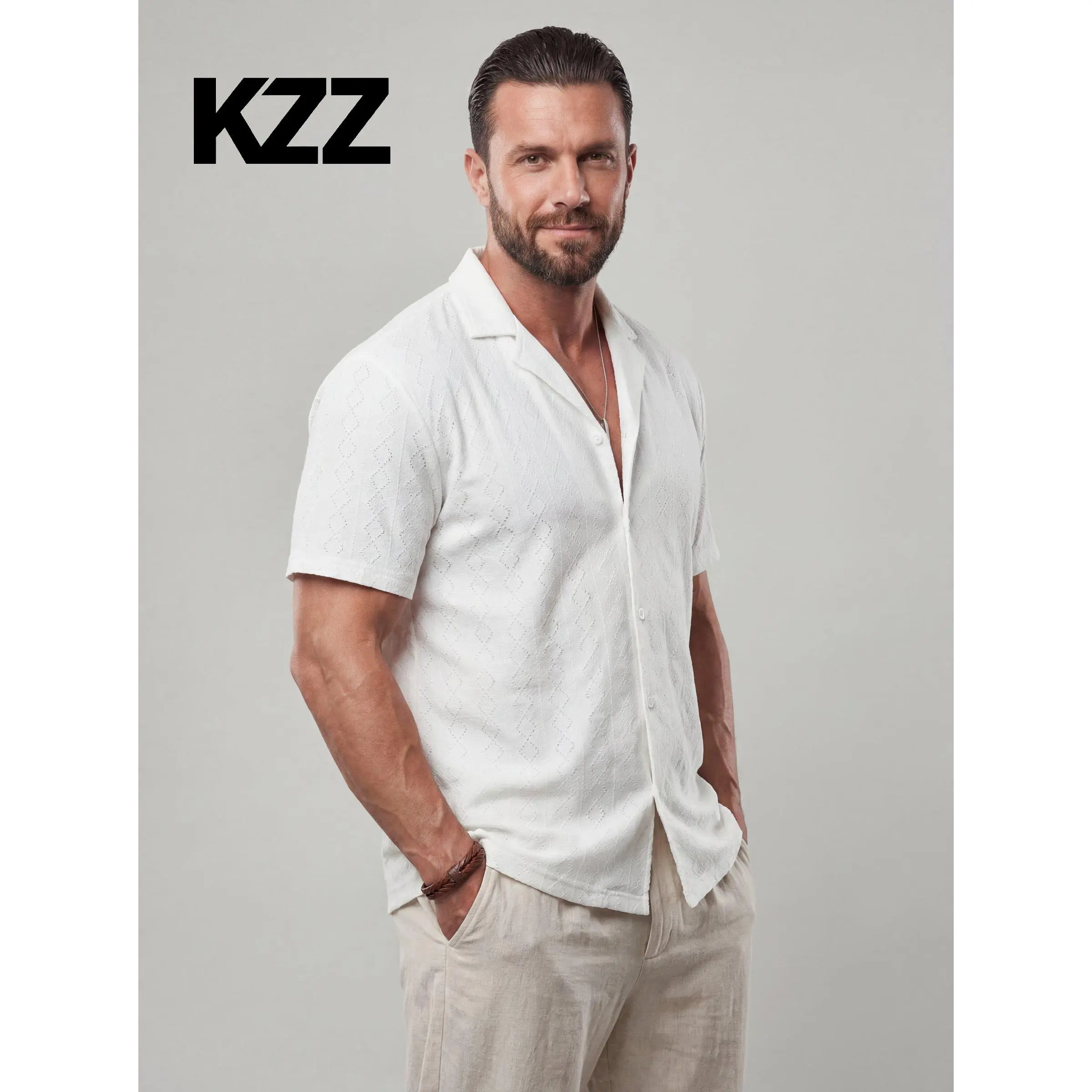 KZZ Men's Casual Plain Crew Neck Openwork Short-Sleeve Button-Down Shirt, Stylish White Top for Summer Everyday Wear, Shortsleeve, Openwork Design, Hollow