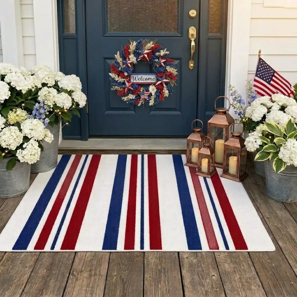 Patriotic Red White Blue Stripe Outdoor Door Mat, Non-Slip Indoor Outdoor Porch Rug, Holiday Home Decor Floor Mat, Farmhouse Style Entryway Rug for Celebrations, Independence Day and Memorial Day