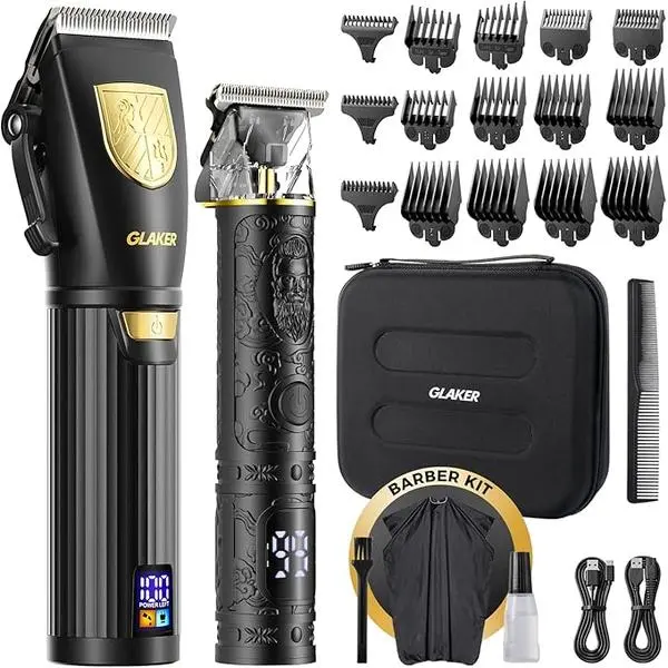 GLAKER Professional Hair Clipper & Trimmer Kit, Cordless Barber Set with Adjustable Lever & Stainless Steel Blades for a Smooth Fade, 150 Min Runtime, LED Display, 15 Combs, Storage