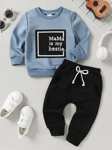 2-piece set of soft, comfortable, breathable letter slogan printed hoodie and front drawstring sports pants casual suit for baby boys