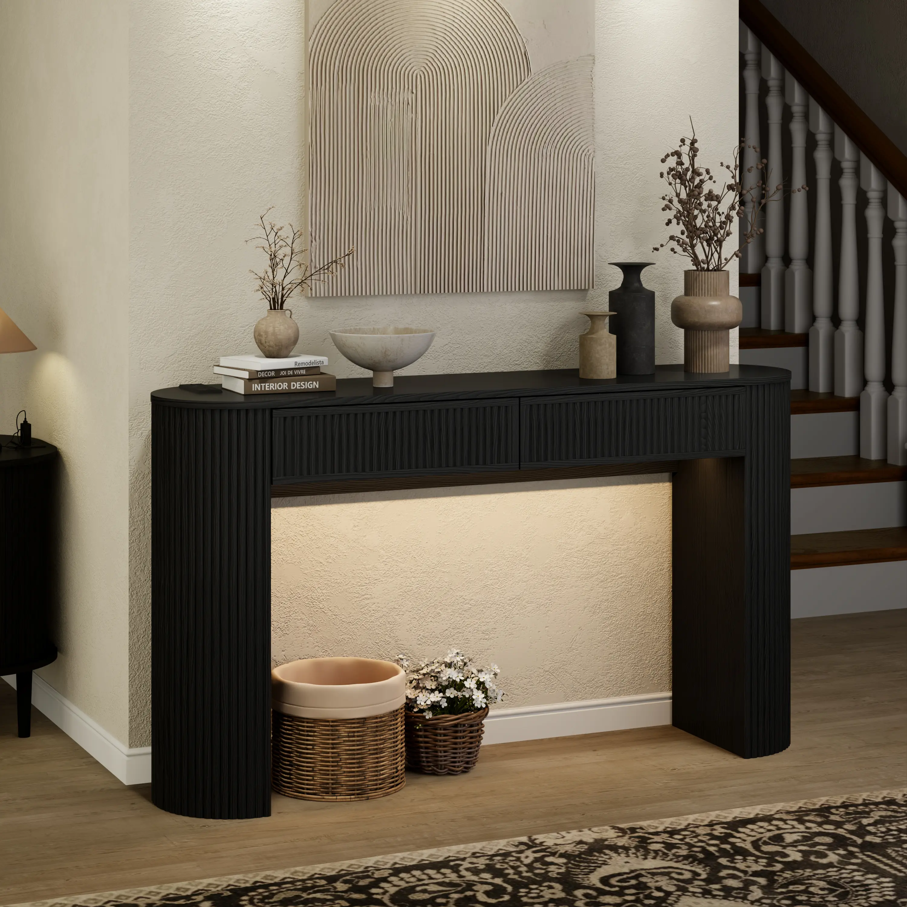 【RGB LED】DHH 55-Inch Fluted Console Table with Charging Station and 2 Drawers, Narrow Sofa Table for Entryway and Behind Couch