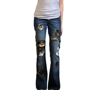 Upcycled Military Style Lace-Up Jeans - Womenswear Size 4 - Sustainable Denim with Patch Detailing & Distressed Look