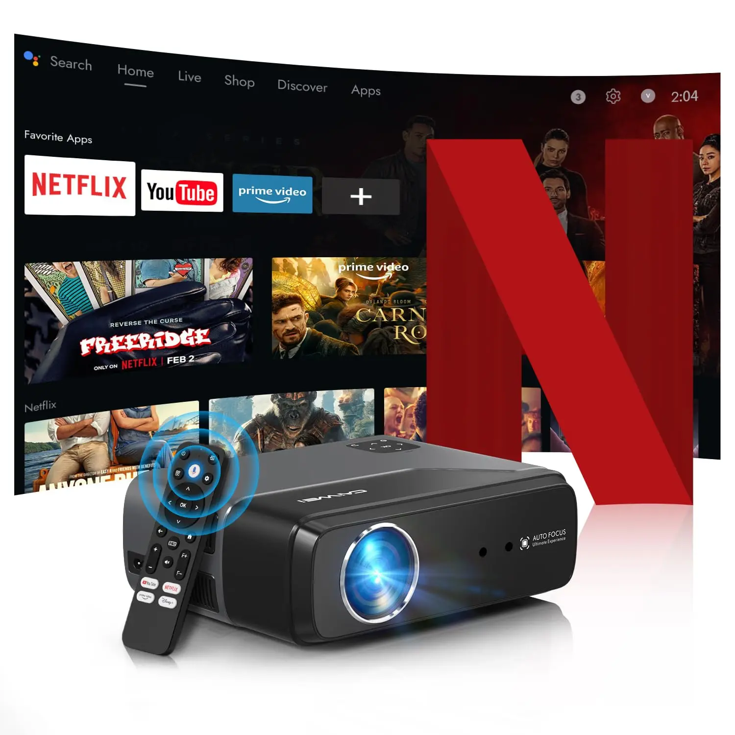 ZCGIOBN Portable Outdoor Smart 4K Projector with Google TV, 1400 Lumens, WiFi 6, BT5.4 Bluetooth, HDR10, HDMI ARC, AI Auto Focus, Auto Keystone Correction, Voice Control, Dolby Audio, Dual-Band 2.4G/5G, Electronic Focus for Home Theater Home Use, Gaming