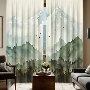 2pcs Watercolor-style pattern of snow-capped mountains and forests Digital Print Curtains, Semi-Transparent Polyester, Fade Resistant, Hand Washable