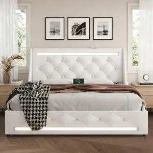 Full/Queen - size bed frame with wingback upholstered diamond - shaped headboard, 2 storage drawers, LED lights, and charging station. Metal slat support ensures noise - free use, easy assembly, and no box - spring needed. white/black