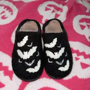 Cozy Bat Slippers For Women - Black with White Bat Design Soft and Comfortable Slippers for Women
