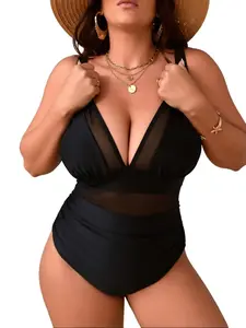 Women’s Plus Size Black Mesh Panel One-Piece Swimsuit | High Waisted Ruched Swimwear, High Stretch Quick Dry Bathing Suit, 1XL-4XL