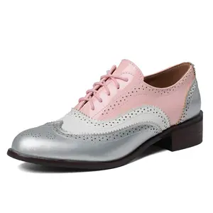CELNEPHO Womens Oxford Shoes Round Toe Lace-up Wingtips Chunky Block Heel Slip on Casual Party Cutout Brogues Saddle Ladies Shoes Dress Shoes