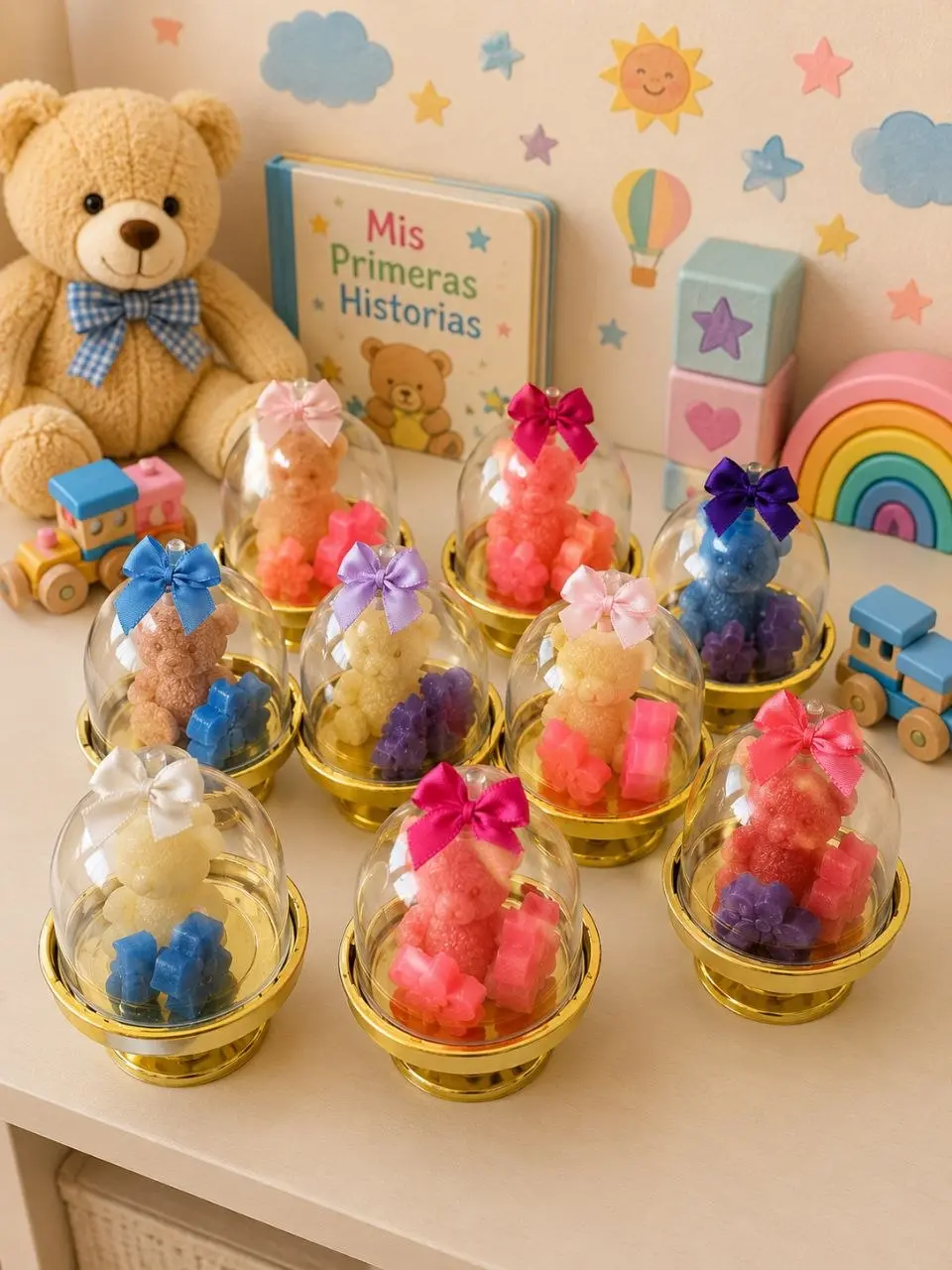 Handmade Teddy Bear Scented Candle Gift Dome with Decorative Flowers and Bow for Baby Showers, Birthdays and Special Occasions