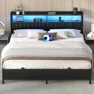 Homieasy Bed Frame with Charging Station, Adjustable Upholstered Headboard, Industrial Cool Bed with LED Lights, No Box Spring Needed, Black led  bed
