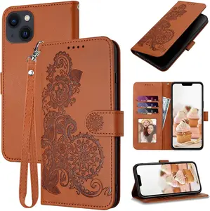 for iPhone 13 Mini Wallet Case, Cute Floral Pattern Leather for Women Girl, Card Holder Kickstand F Cases, Wrist Strap, Magnetic Closure, Shockproof Protective Cover (Brown)