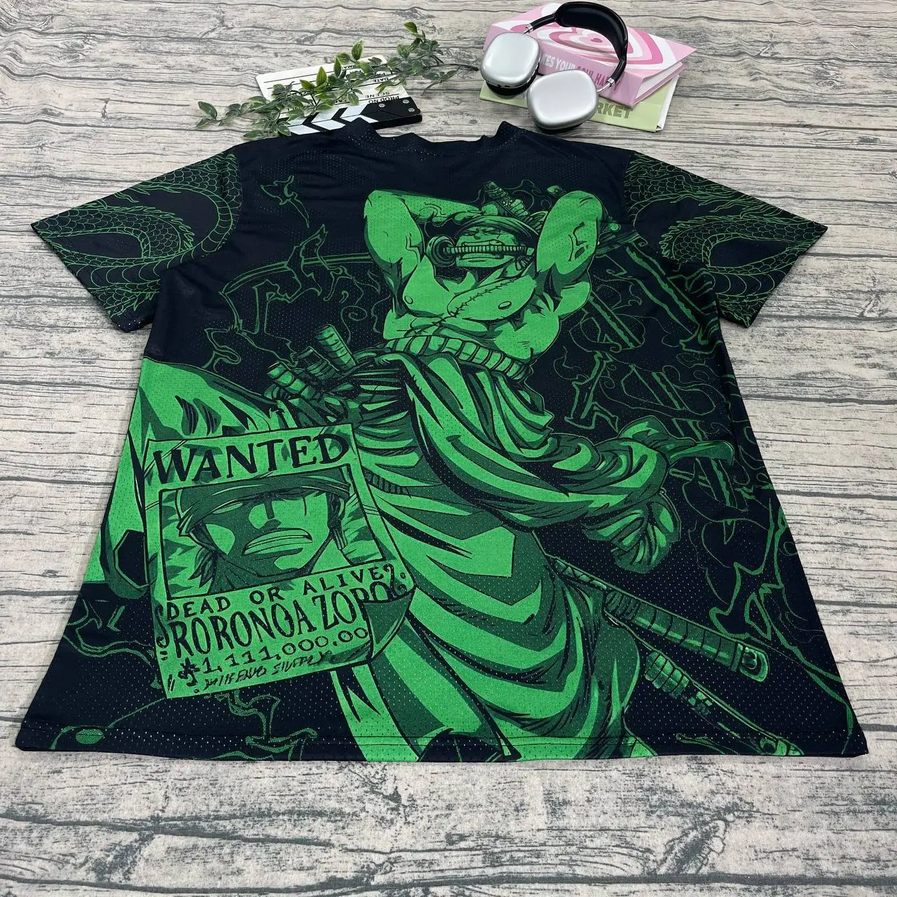 Zoro "Wanted" Oversized Mesh Jersey - Japanese Anime Streetwear Graphic Tee