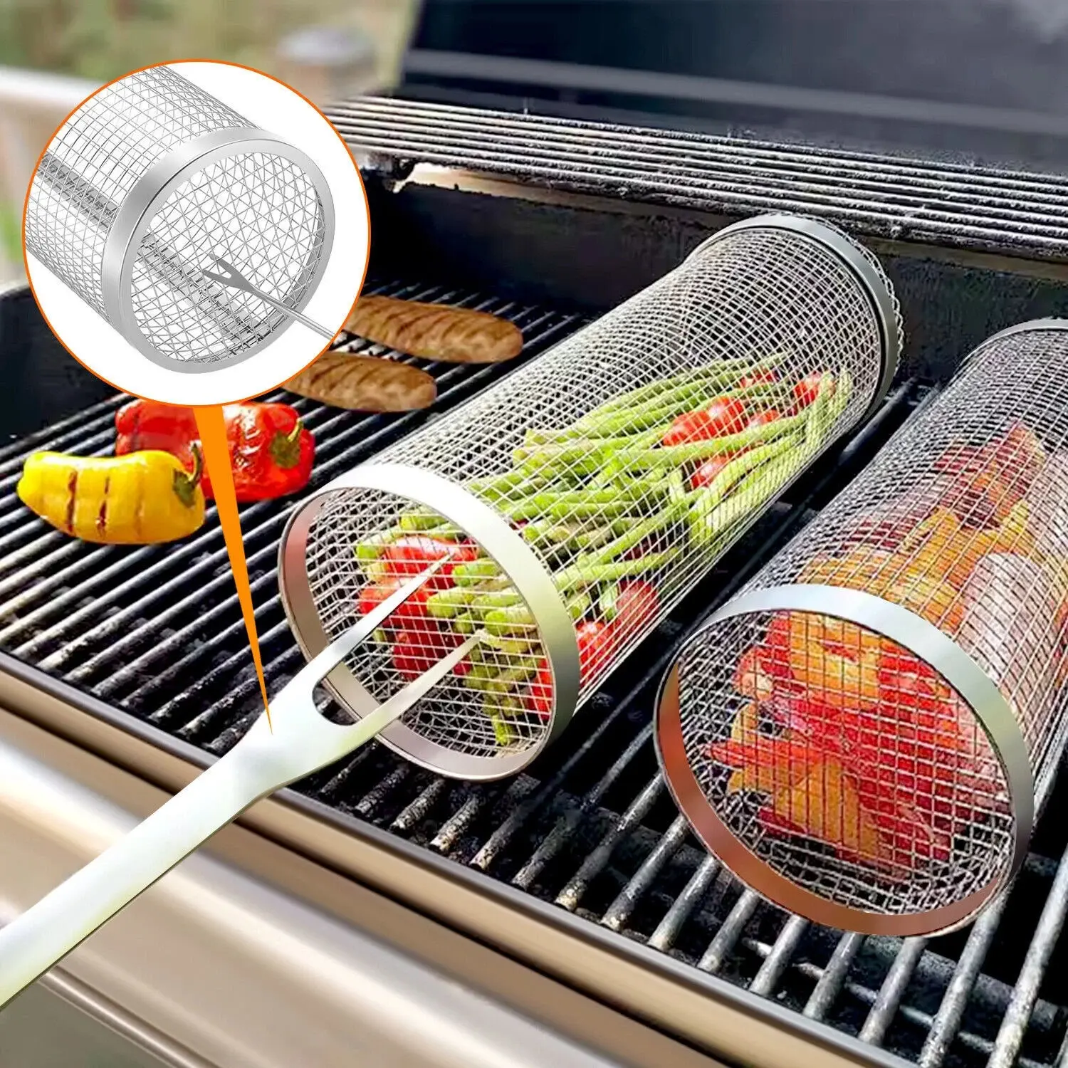Set of 2 Stainless Steel Rolling Grilling Baskets for BBQ - Perfect Outdoor Cooking Tools for Effortless Grilling and Flavorful Meals