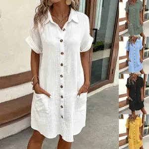 2026 casual solid color single-breasted medium and long short-sleeved loose casual dress women's clothing