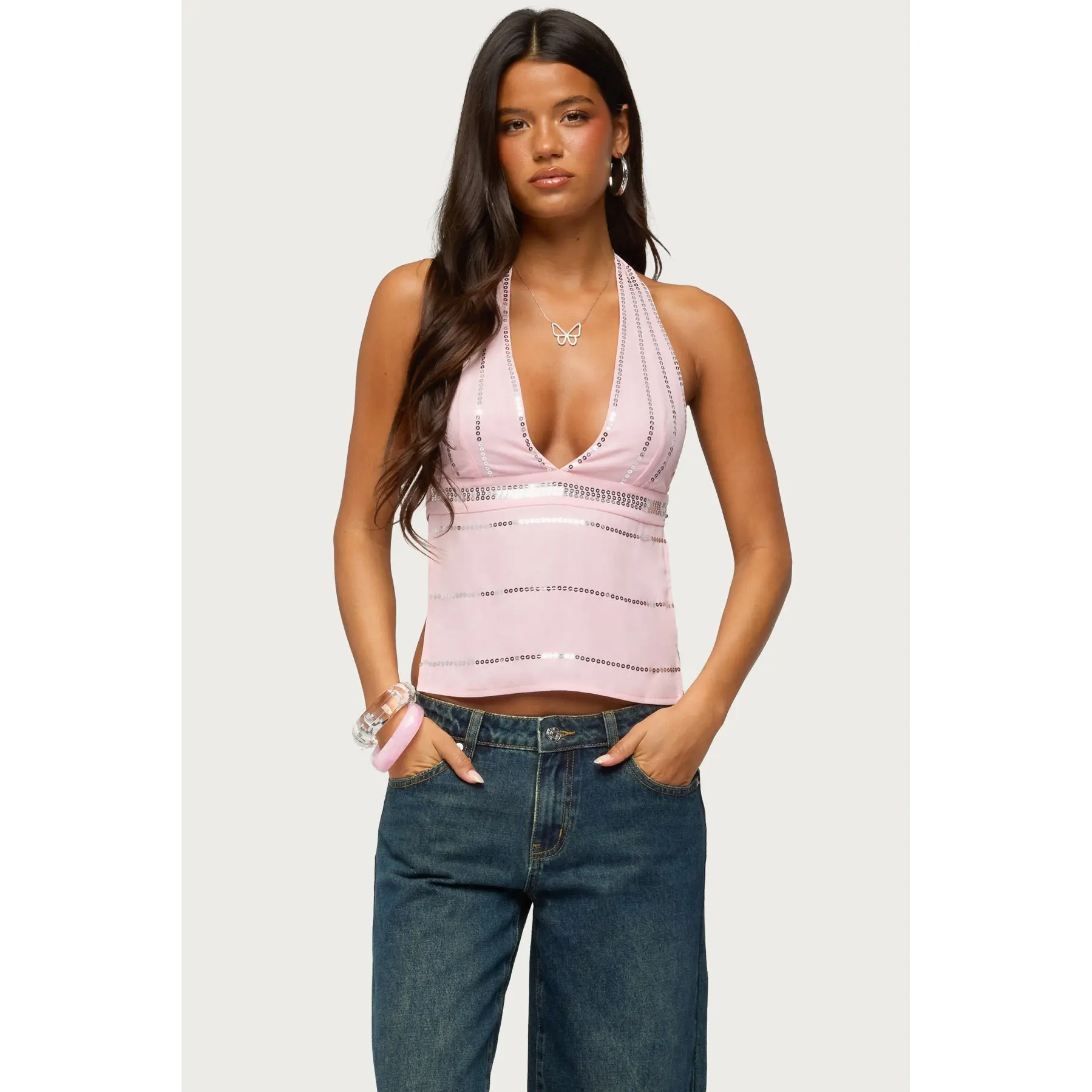 Roey Sequin Chiffon Backless Top