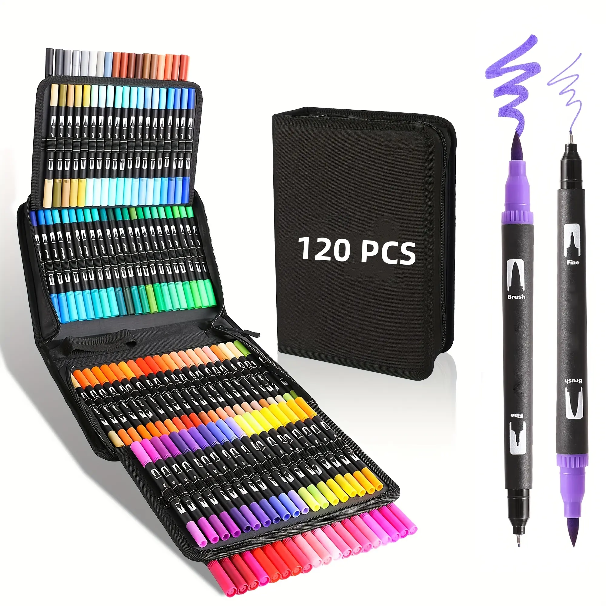 Dual-Tip Art Markers Pen Set - 0.4 mm Precision & Brush Tips, Vibrant Colors in 60/72/100/120 Set Sizes, Office Stationery for Adult Coloring, Drawing, School Supplies & Gift Ideas