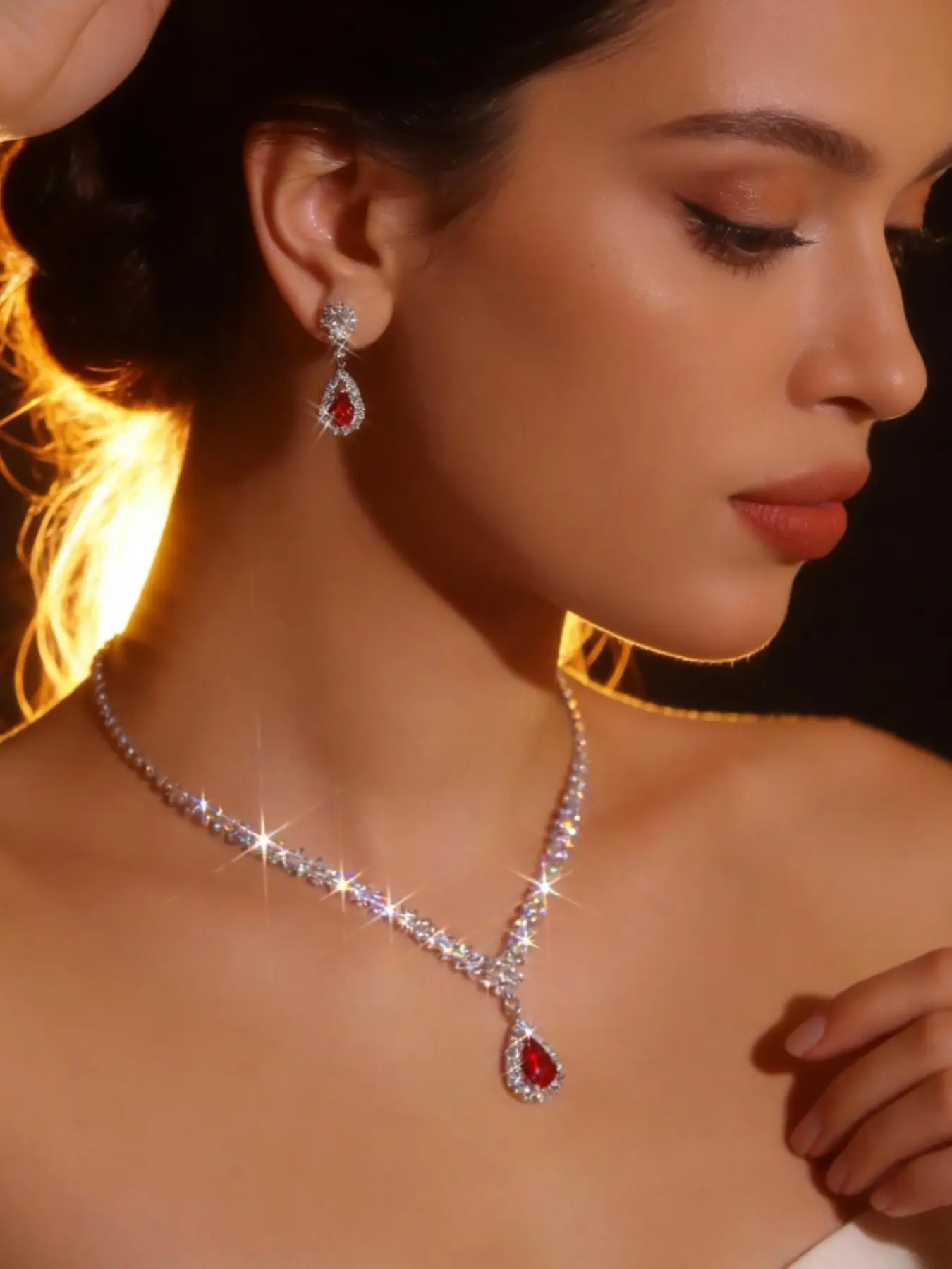 3-Piece Gorgeous Red Waterdrop Bridal Jewelry Set, Imitation Red Crystal Gemstone Necklace Earrings, Perfect for Dance and Banquet (1 Necklace+2 Earrings)