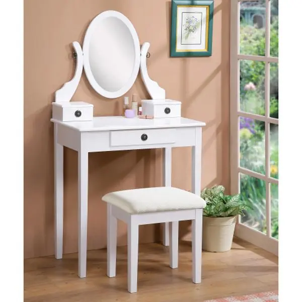 [Bellewave] vanity table set with 3 Drawer, makeup dressing table w/cushioned stool, girls women bedroom furniture set oval mirror
