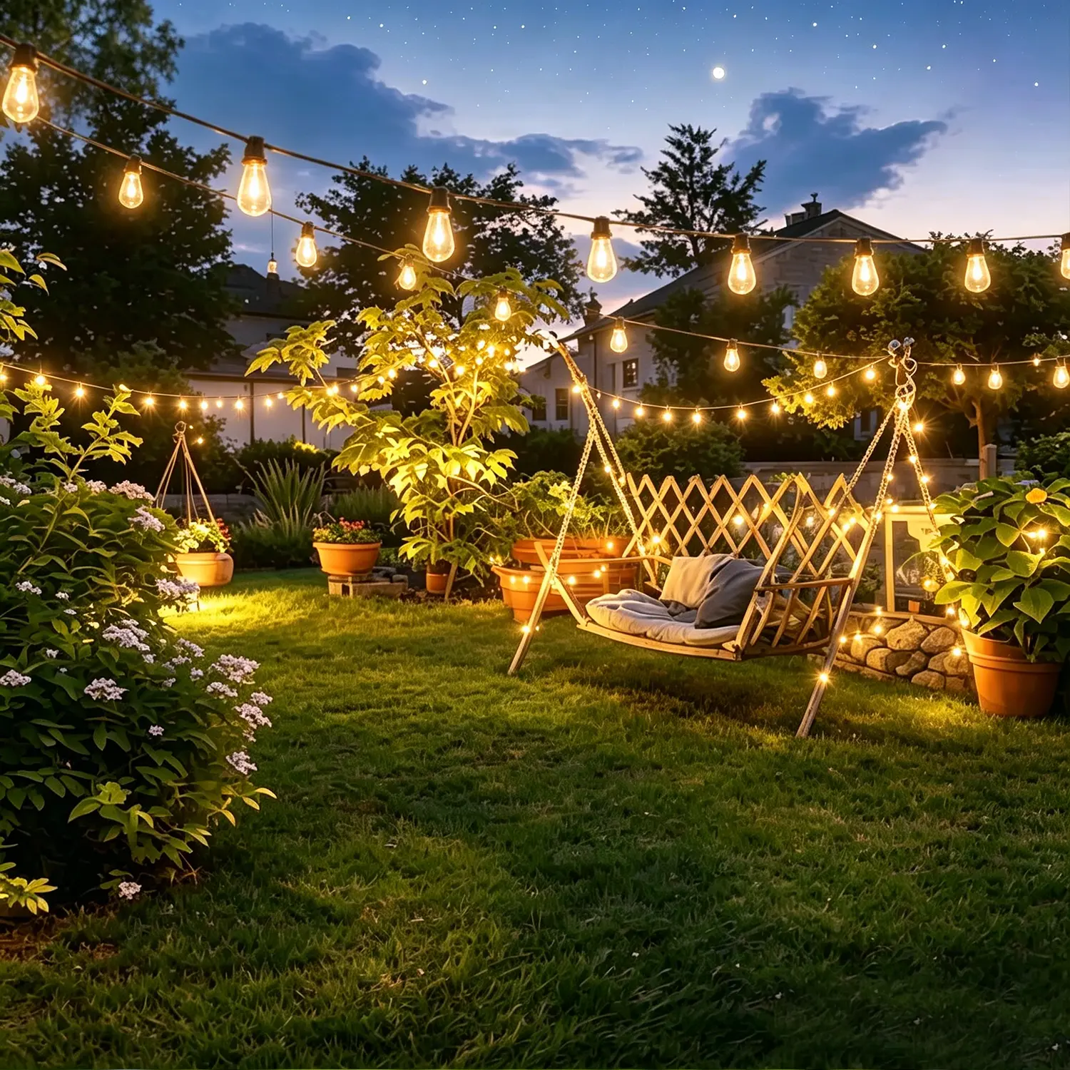 The solar LED outdoor light string is equipped with Edisonshatterproof bulbs, IP44 waterproof, and has 8 adjustabledimming modes. It is an outdoor hanging light suitablefor courtyard, porch, garden, party, and Halloweendecoration