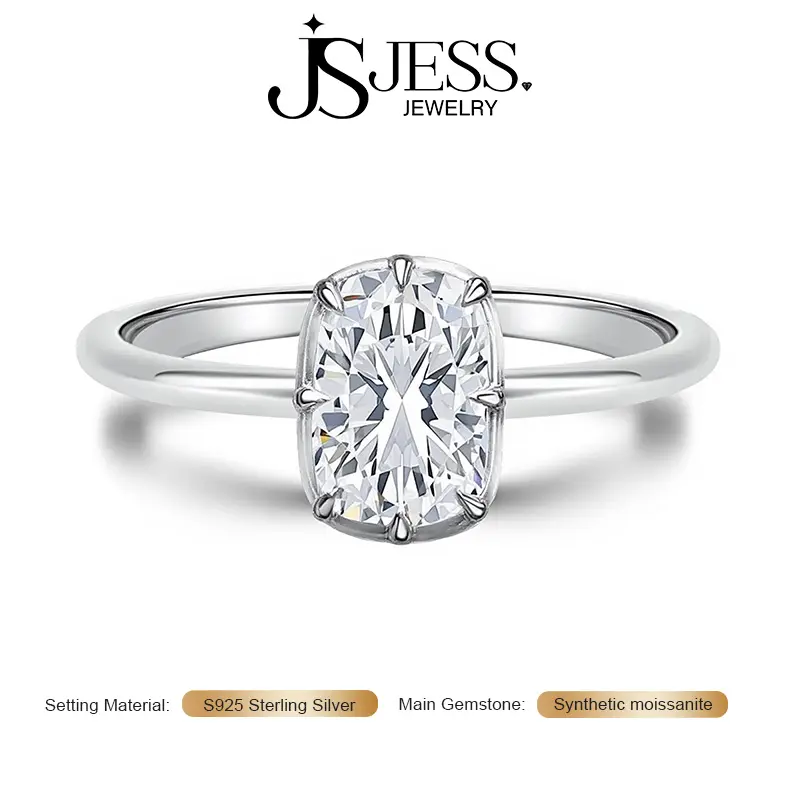 Diamond Zanda Ring, 2/4 ct elongated cushion cut, all moissanite, 18k white gold — fine jewelry gift for women