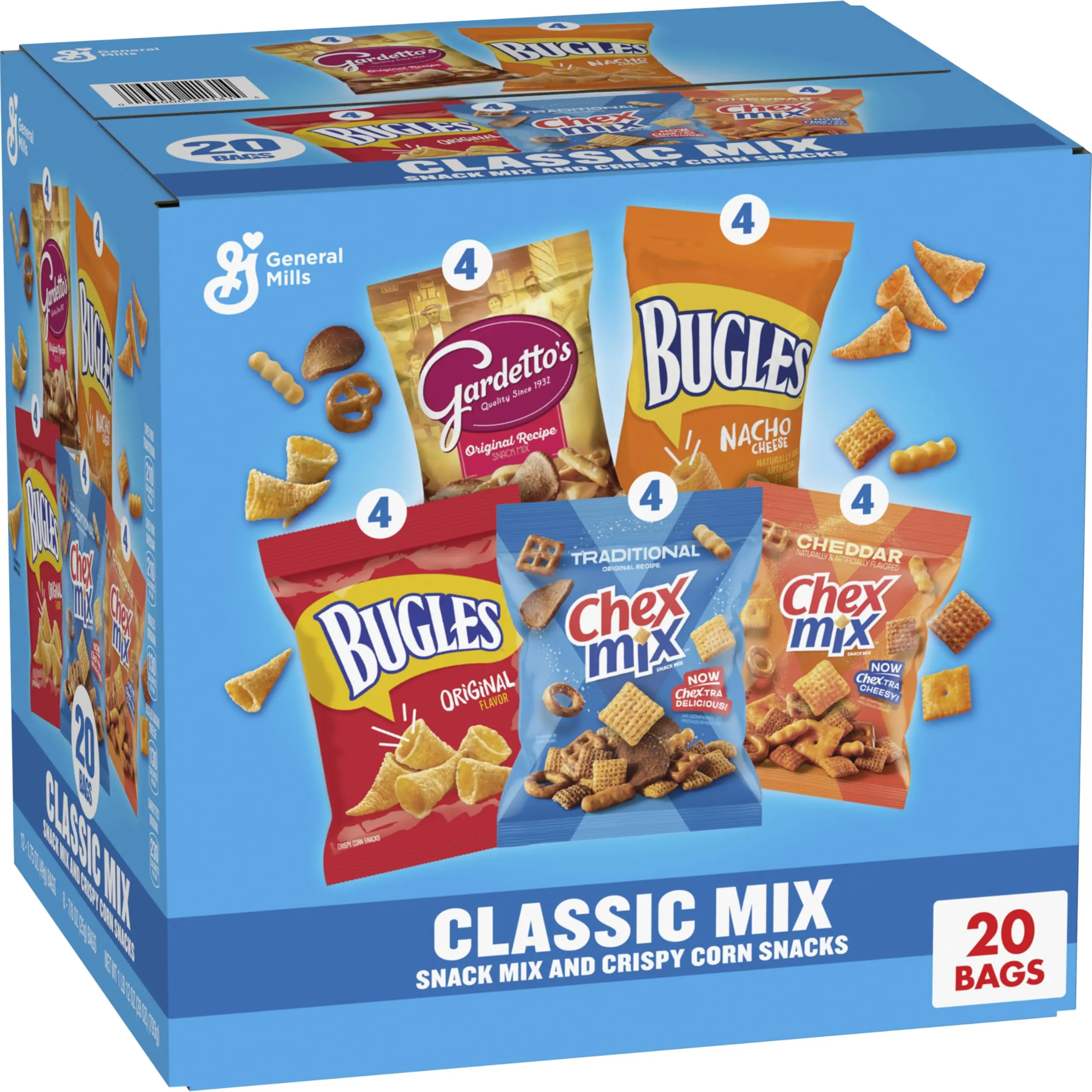 Classic Mix Snack Variety Pack, Bugles Original and Nacho Cheese, Gardetto's Original Recipe, Chex Mix Traditional and Cheddar, 20 Ct, 28 oz