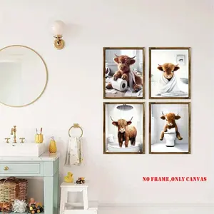 4-piece frameless set - Highland cow pattern bathroom decoration frameless painting, rural farmhouse bathroom wall decoration, animal wall art, Animal design, Modern abstract design, suitable for home offices, bedrooms, and living rooms