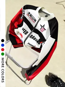Street Style Racing Element Graphic Letter Print Colorblock Long Sleeve Fitted Jacket Coats, Vintage Unisex Design for Fall & Winter Fashion
